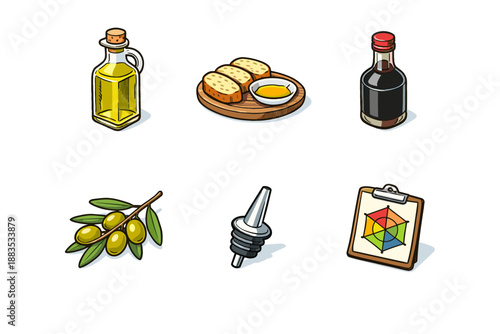 Isometric olive oil and balsamic vinegar set with bread and olives on white background