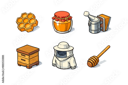 Beekeeping icons: honeycomb, jars, and hives in a cartoon style
