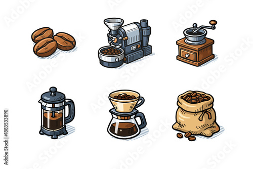 Coffee brewing essentials: grinder, beans, and brewing tools in vintage style