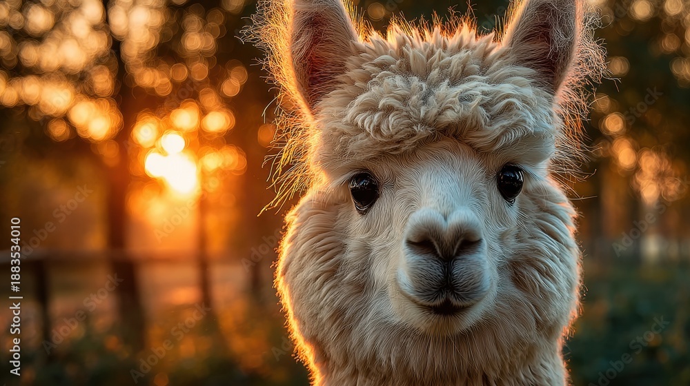 Fototapeta premium Cute alpaca enjoying sunlight in a green field during sunset hours surrounded by trees