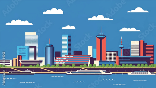 Vector illustration of Düsseldorf cityscape featuring a stylish waterfront skyline with generic modern buildings, river promenade, and urban lifestyle mood in flat vector style for travel and business