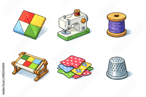 Sewing and quilting tools collection in hand drawn style
