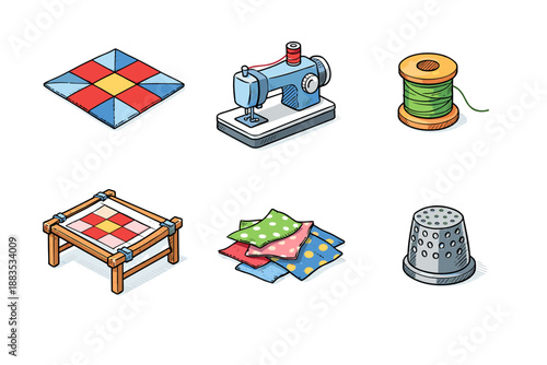 Charming sewing tools and quilting elements in colorful isometric style
