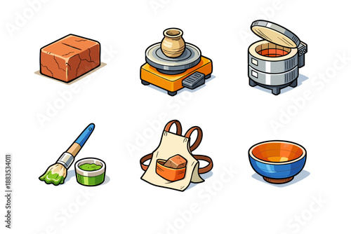 Pottery craft process icons featuring tools and materials