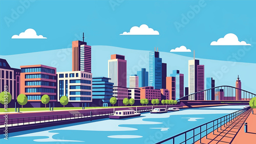 Vector illustration of Düsseldorf cityscape featuring a stylish waterfront skyline with generic modern buildings, river promenade, and urban lifestyle mood in flat vector style for travel and business