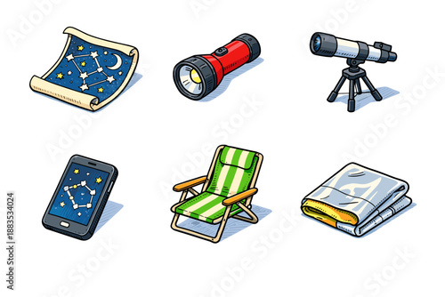 Astronomical exploration icons featuring telescope, flashlight, and stargazing essentials