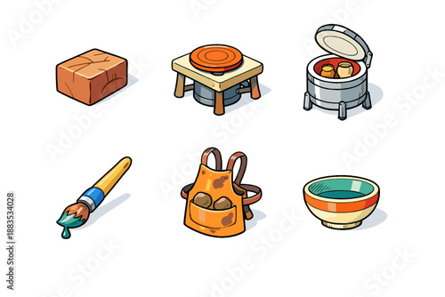 Colorful pottery and art tools collection: clay, kiln, and brush elements