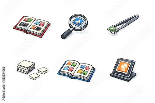 Colorful stamp collecting icons with books and tools on white background