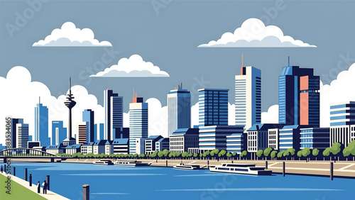 Vector illustration of Düsseldorf cityscape featuring a stylish waterfront skyline with generic modern buildings, river promenade, and urban lifestyle mood in flat vector style for travel and business