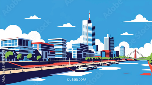 Vector illustration of Düsseldorf cityscape featuring a stylish waterfront skyline with generic modern buildings, river promenade, and urban lifestyle mood in flat vector style for travel and business