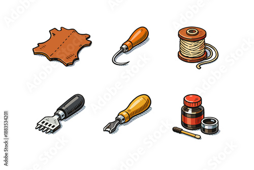 Leather craft tools and materials set in retro cartoon style for diy projects