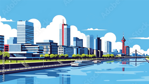 Vector illustration of Düsseldorf cityscape featuring a stylish waterfront skyline with generic modern buildings, river promenade, and urban lifestyle mood in flat vector style for travel and business