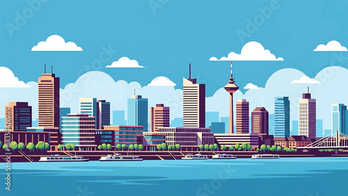 Vector illustration of Düsseldorf cityscape featuring a stylish waterfront skyline with generic modern buildings, river promenade, and urban lifestyle mood in flat vector style for travel and business