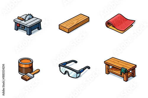 Woodworking tools and materials icons featuring saw, plank, sandpaper, paint, goggles, and workbench