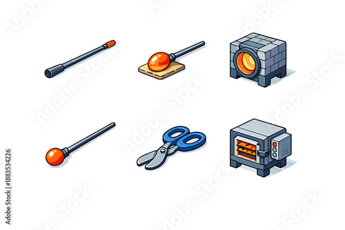 Isometric tools and equipment for glassblowing craftsmanship and workshop design