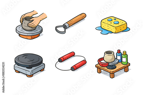 Pottery crafting tools and techniques: hands, wheel, sponge, trimming tool, rope, studio