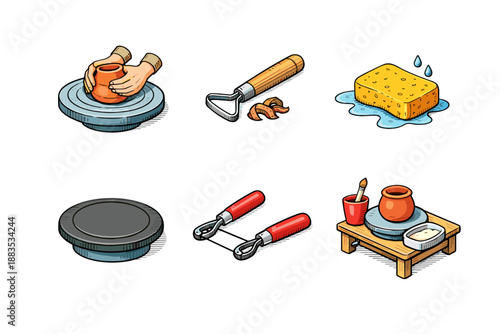 Pottery craft tools and techniques: detailed icon set for creative clay art and ceramics enthusiasts
