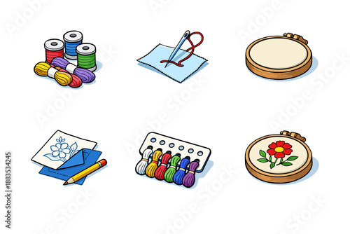 Colorful sewing and embroidery supplies set in cartoon style