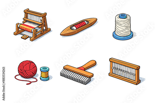 Hand drawn wool craft tools set with loom, spool, yarn, shuttle, and brush