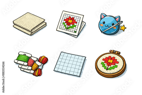 Cute cross stitch set with patterns, yarn, and embroidery hoop in cartoon style