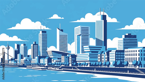 Vector illustration of Düsseldorf cityscape featuring a stylish waterfront skyline with generic modern buildings, river promenade, and urban lifestyle mood in flat vector style for travel and business