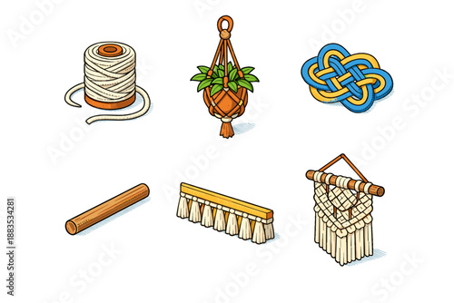 Colorful macrame elements with decorative patterns in handcrafted style