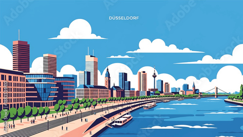 Vector illustration of Düsseldorf cityscape featuring a stylish waterfront skyline with generic modern buildings, river promenade, and urban lifestyle mood in flat vector style for travel and business