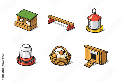 Chicken coop essentials: feeder, waterer, eggs, and perch in rustic design