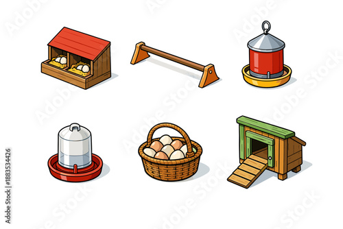 Isometric chicken coop accessories with nesting boxes and feeder on white background