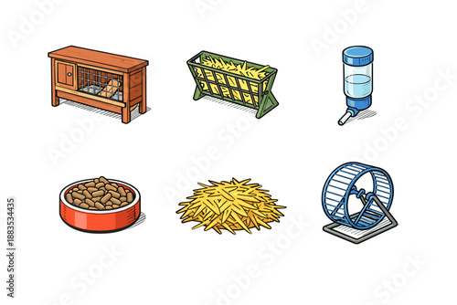 Essential small animal cage accessories in isometric style: feed, water, and exercise