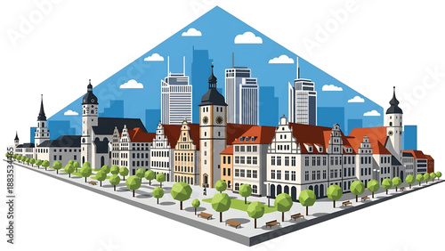 Vector illustration of Leipzig cityscape presenting a cultural German city with generic historic-inspired buildings, modern blocks, and active city squares in flat solid colors for lifestyle travel