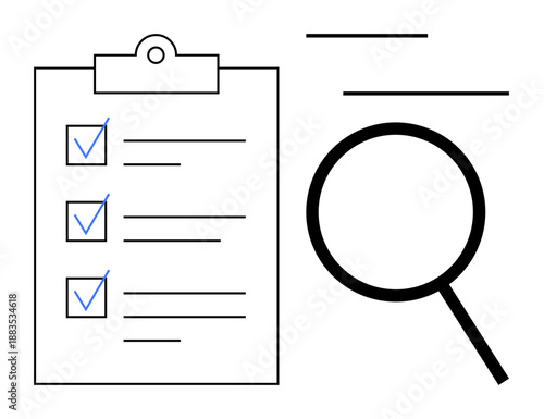 Task list on a clipboard with checkmarks paired with a magnifying glass emphasizing focus, review, and organization. Ideal for planning, evaluation, management, progress tracking, productivity