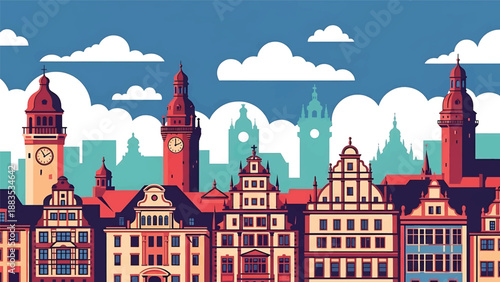 Vector illustration of Leipzig cityscape presenting a cultural German city with generic historic-inspired buildings, modern blocks, and active city squares in flat solid colors for lifestyle travel
