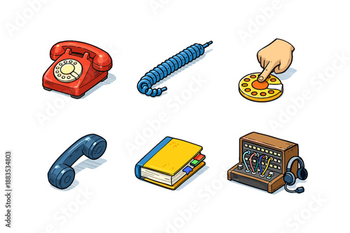 Retro communication icons set featuring vintage telephone and accessories