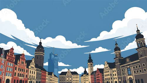 Vector illustration of Leipzig cityscape presenting a cultural German city with generic historic-inspired buildings, modern blocks, and active city squares in flat solid colors for lifestyle travel