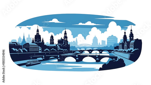 Vector illustration of Dresden cityscape showing a scenic German river city with generic classic architecture silhouettes, bridges, and old-town atmosphere in flat vector style for cultural travel 