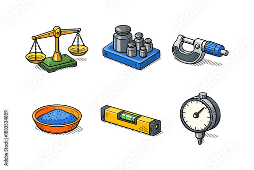 Precise measuring tools collection featuring scales and micrometer in hand-drawn style