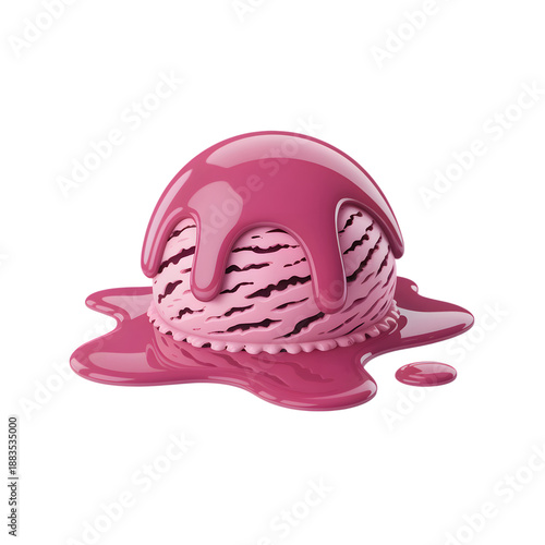 Deliciously rendered scoop of pink berry ice cream dessert generously covered in glossy magenta syrup melting slightly on transparent background