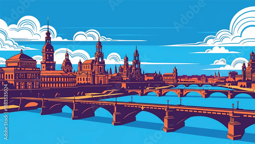 Vector illustration of Dresden cityscape showing a scenic German river city with generic classic architecture silhouettes, bridges, and old-town atmosphere in flat vector style for cultural travel 
