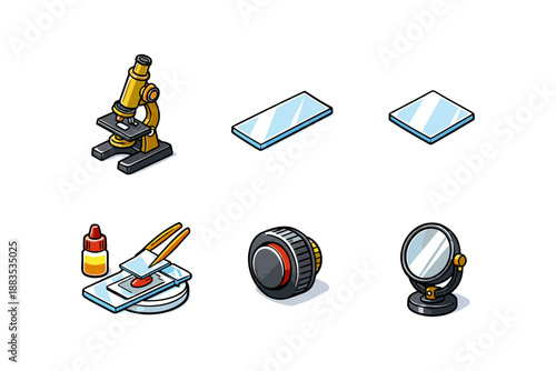 Science lab tools set with microscope and glass slides in isometric style