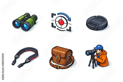 Photography icons collection: camera, bag, tripod, lens in hand-drawn style