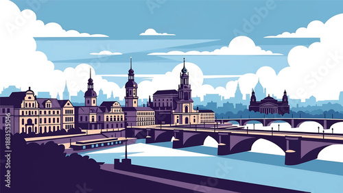 Vector illustration of Dresden cityscape showing a scenic German river city with generic classic architecture silhouettes, bridges, and old-town atmosphere in flat vector style for cultural travel 