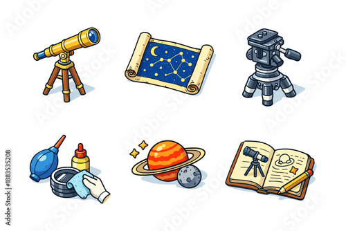 Exploration tools for stargazing and astronomy in colorful isometric style