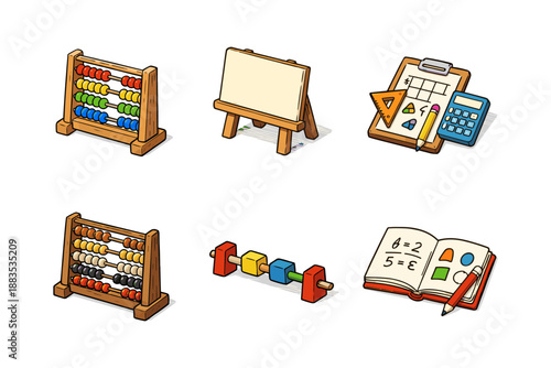 Colorful math tools collection: abacus, easel, geometry set, calculator, math book, counting beads