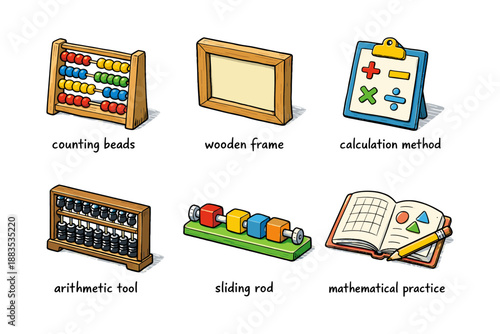 Educational tools for kids: abacus, frame, calculation clipboard, arithmetic, sliding rod, math book
