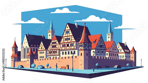 Vector illustration of Nuremberg cityscape featuring medieval-inspired generic rooftops, city walls shapes, and modern street life in flat solid colors for tourism and heritage design use