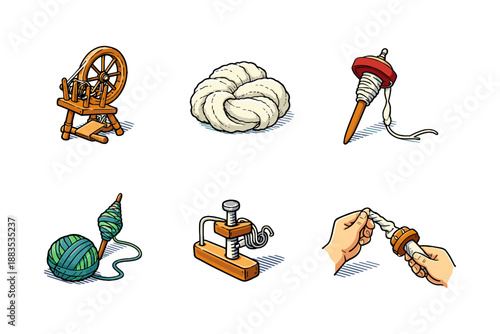 Vintage yarn and spinning tools collection with handcrafted spindle and wool skein