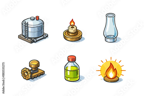 Colorful isometric icons of vintage scientific equipment for experiments and discovery