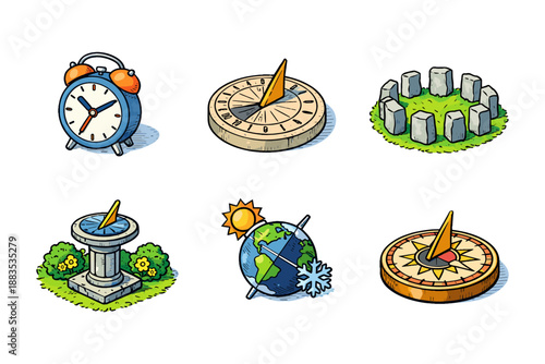 Isometric time devices and instruments collection: clocks, sundials, and compasses