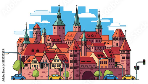 Vector illustration of Nuremberg cityscape featuring medieval-inspired generic rooftops, city walls shapes, and modern street life in flat solid colors for tourism and heritage design use